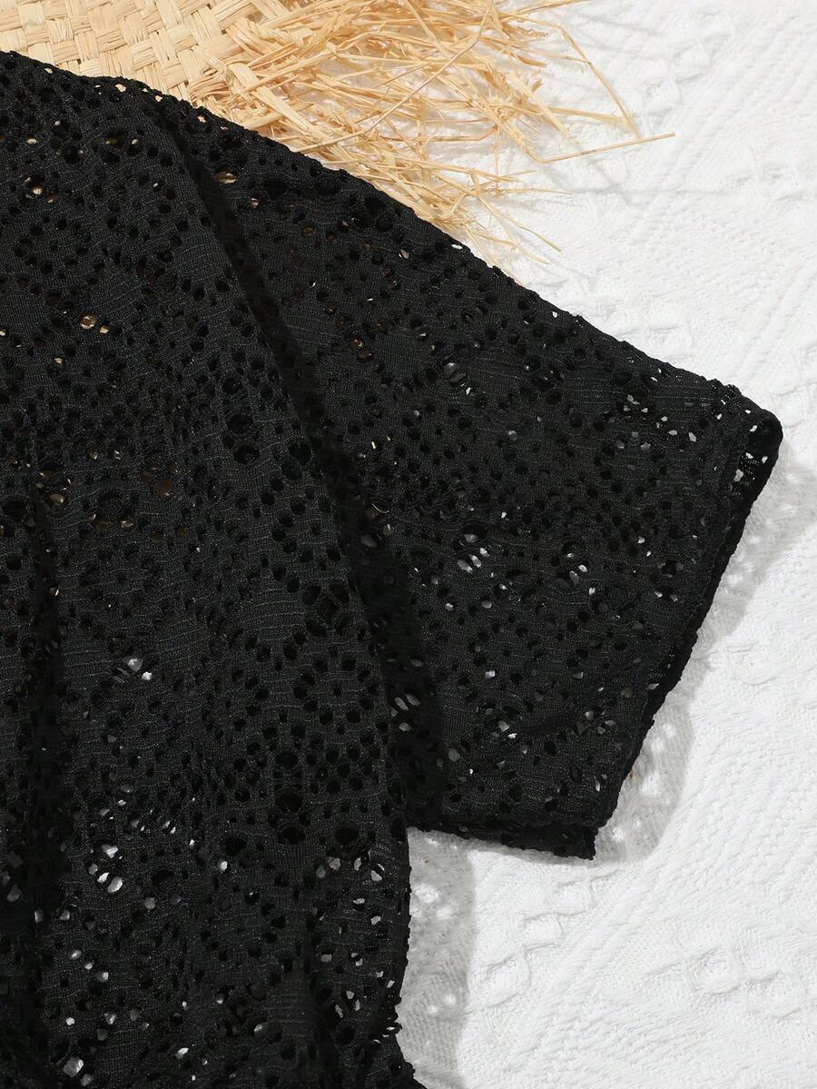 Girls long black beach cover-up dress with V-neck, short sleeves, sheer polyester fabric, contrast sequin detail, and zipper