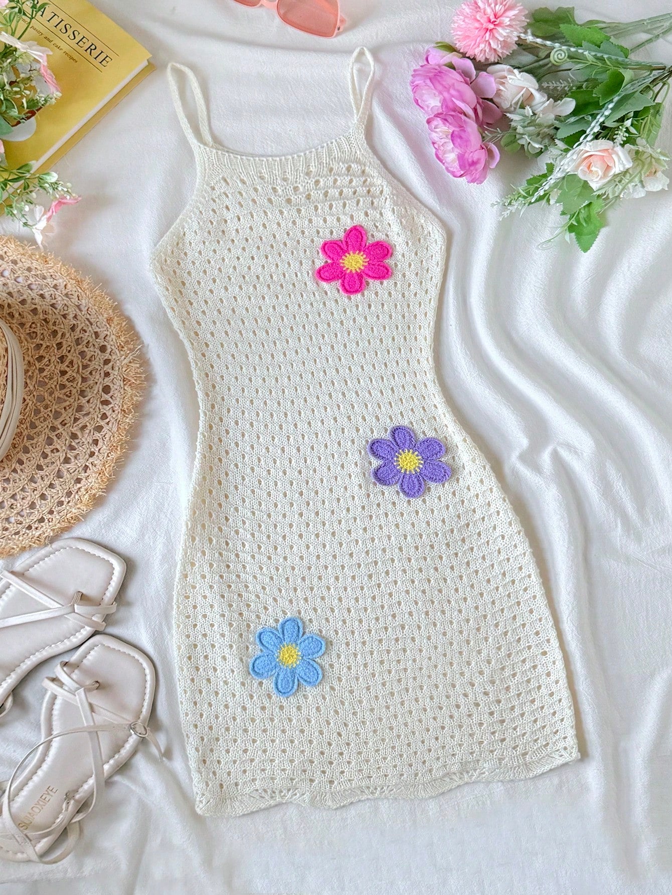 Girls' Summer Crochet Mesh Cami Dress Cover-Up, White Casual Beach Vacation Tween Girl
