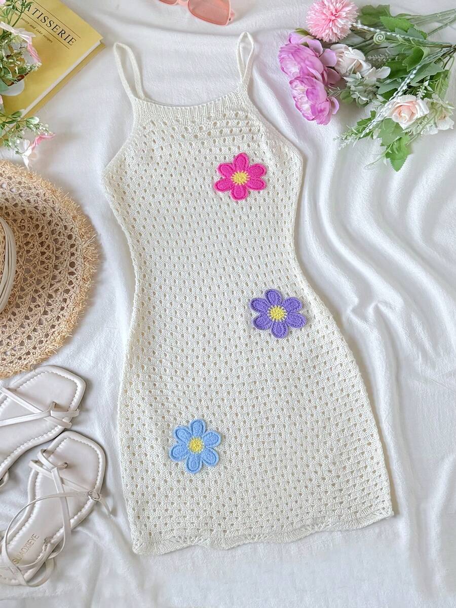 Girls' Summer Crochet Mesh Cami Dress Cover-Up, White Casual Beach Vacation Tween Girl