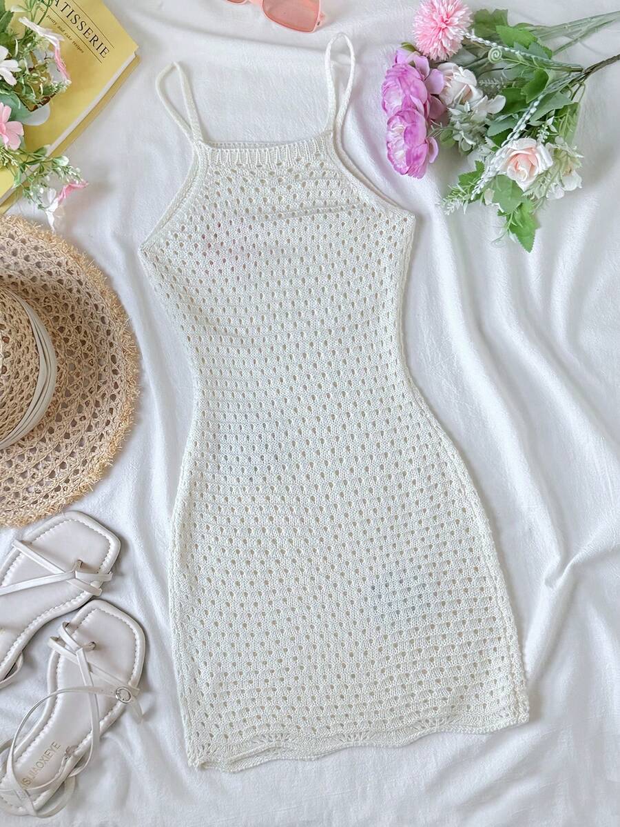 Girls' Summer Crochet Mesh Cami Dress Cover-Up, White Casual Beach Vacation Tween Girl