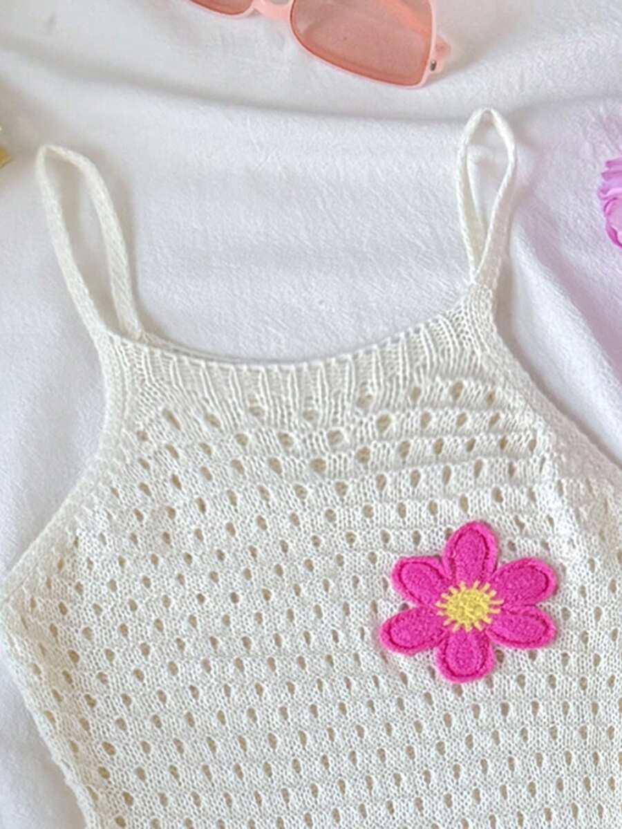 Girls' Summer Crochet Mesh Cami Dress Cover-Up, White Casual Beach Vacation Tween Girl