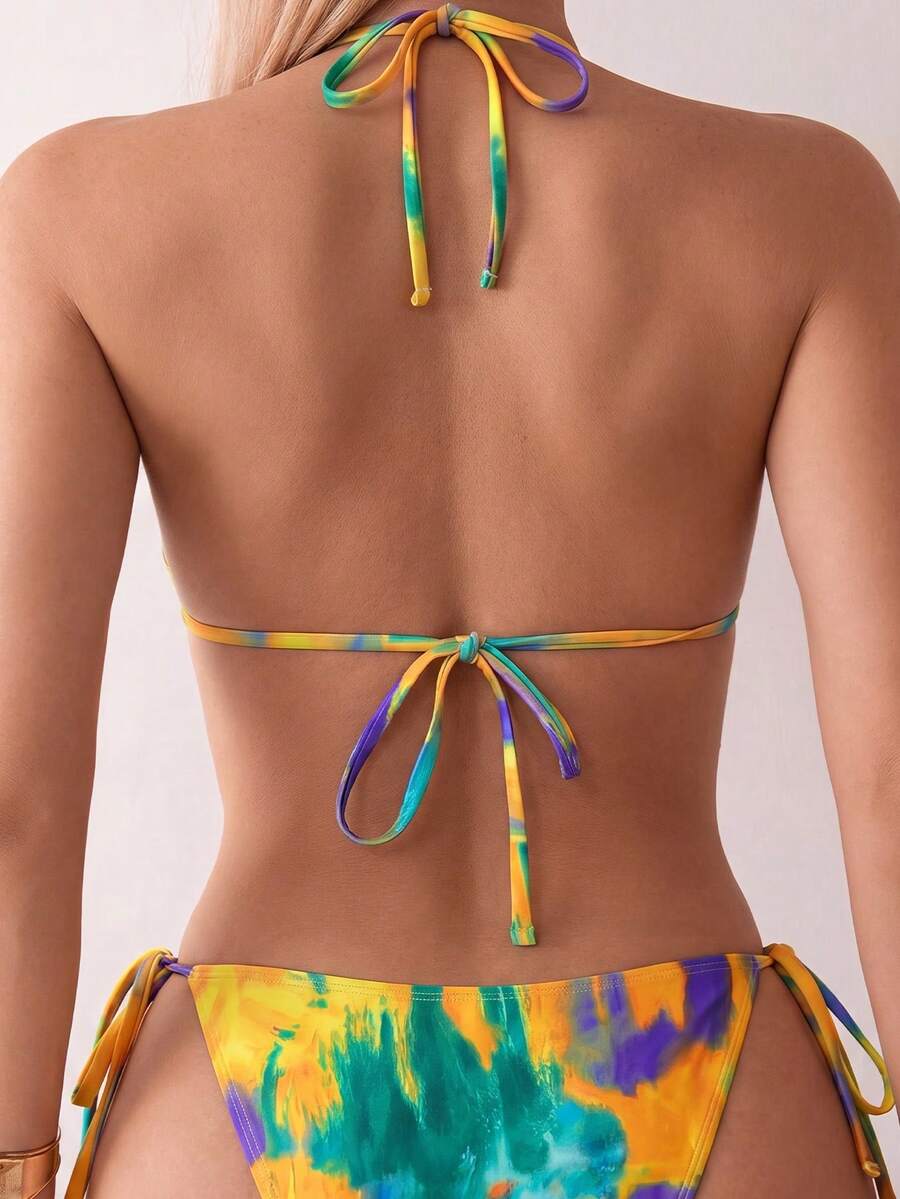 Women's apricot solid halter tie bikini top with triangle cups and matching tie-side swimsuit bottoms.