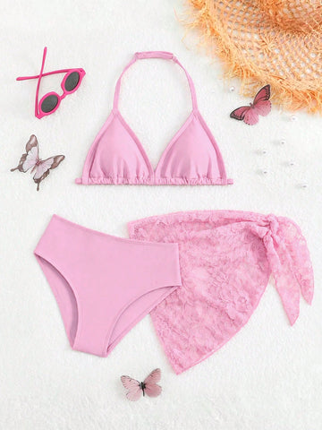 Cute Girls' Ditsy Floral Triangle Bikini Set (Print Randomly)