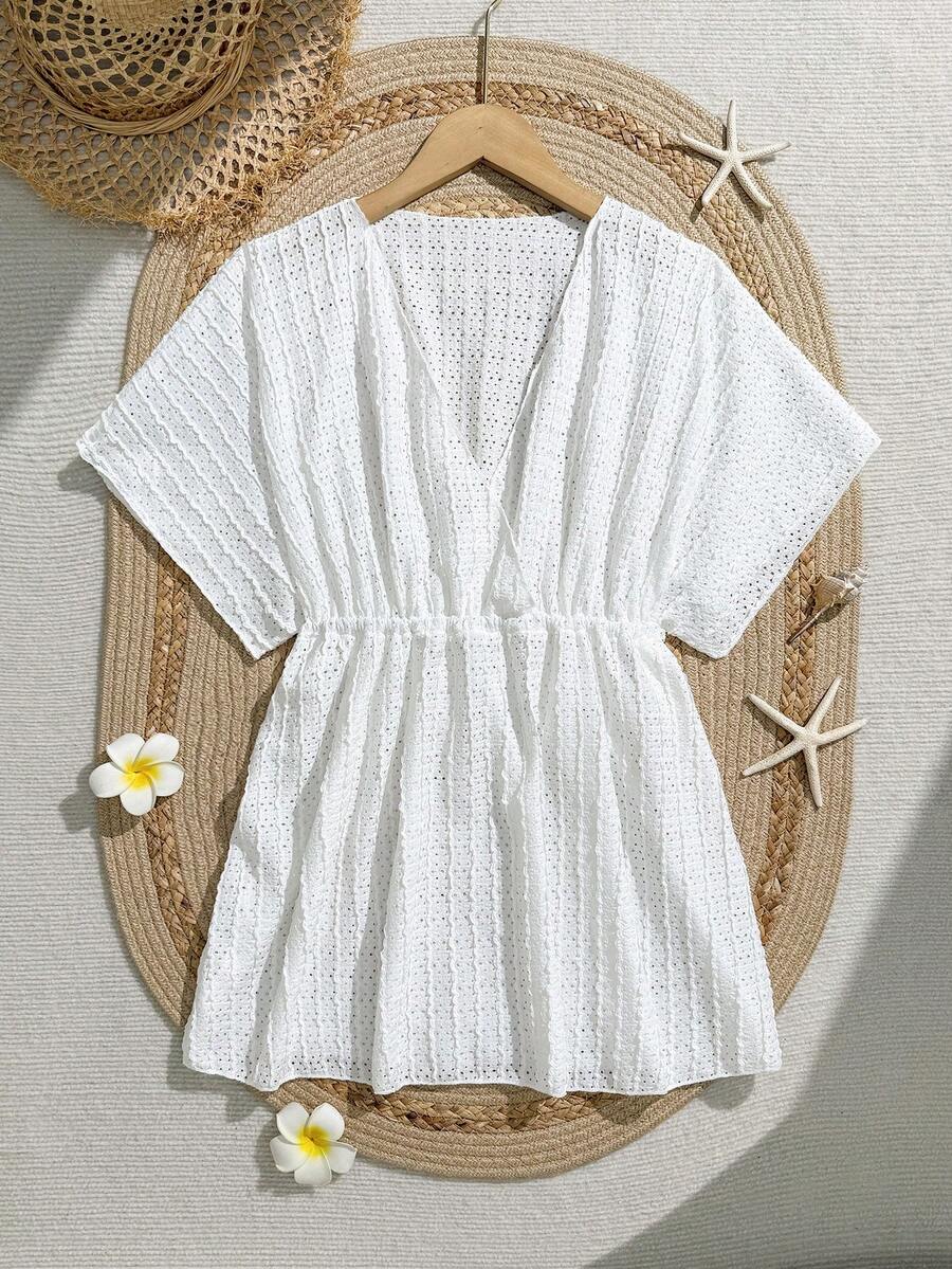 Tween girls apricot sleeveless knit mesh swimwear cover up with V-neck and hollow-out pattern
