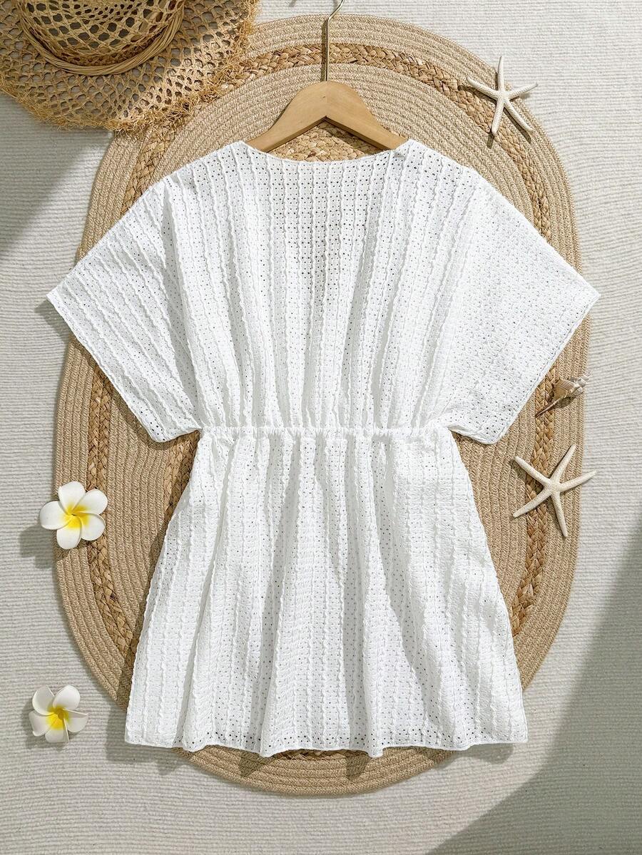 Tween girls apricot sleeveless knit mesh swimwear cover up with V-neck and hollow-out pattern