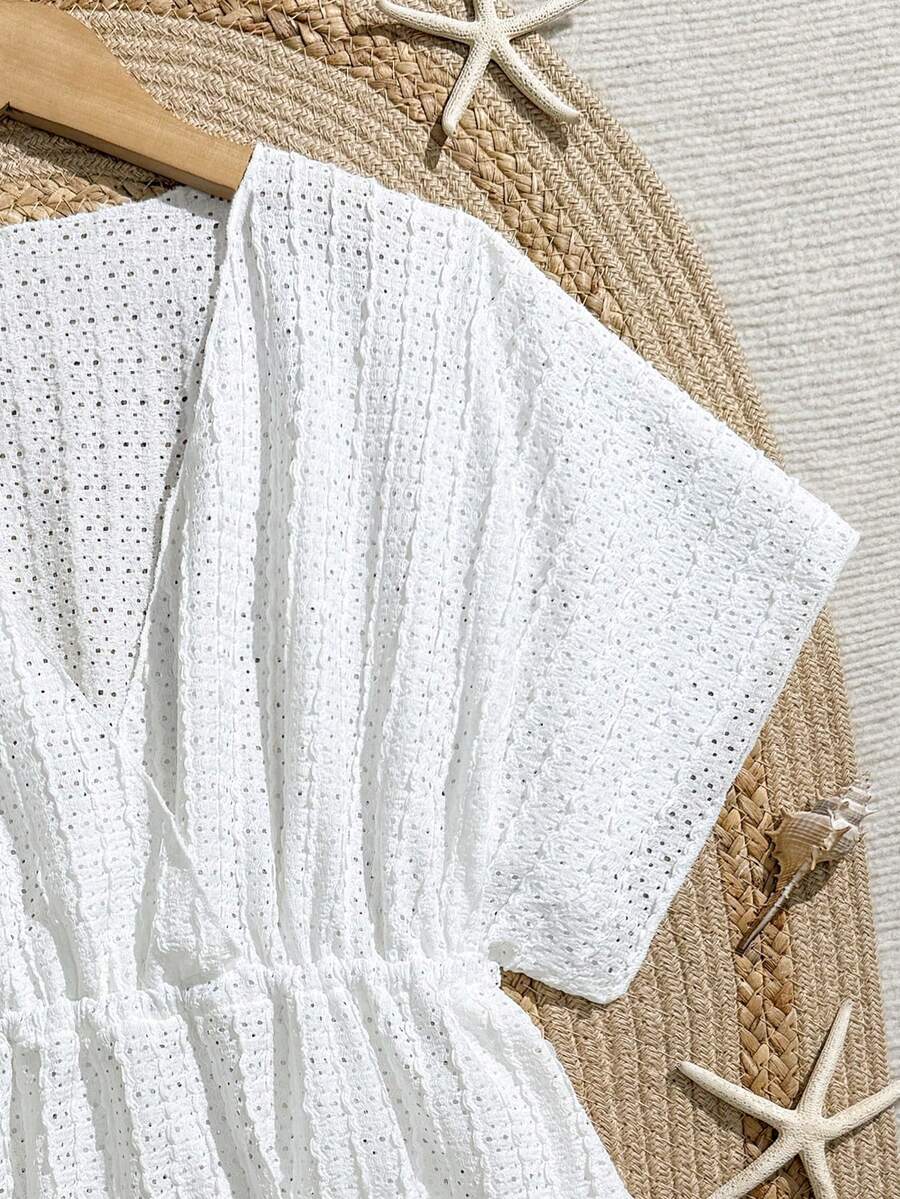 Tween girls apricot sleeveless knit mesh swimwear cover up with V-neck and hollow-out pattern