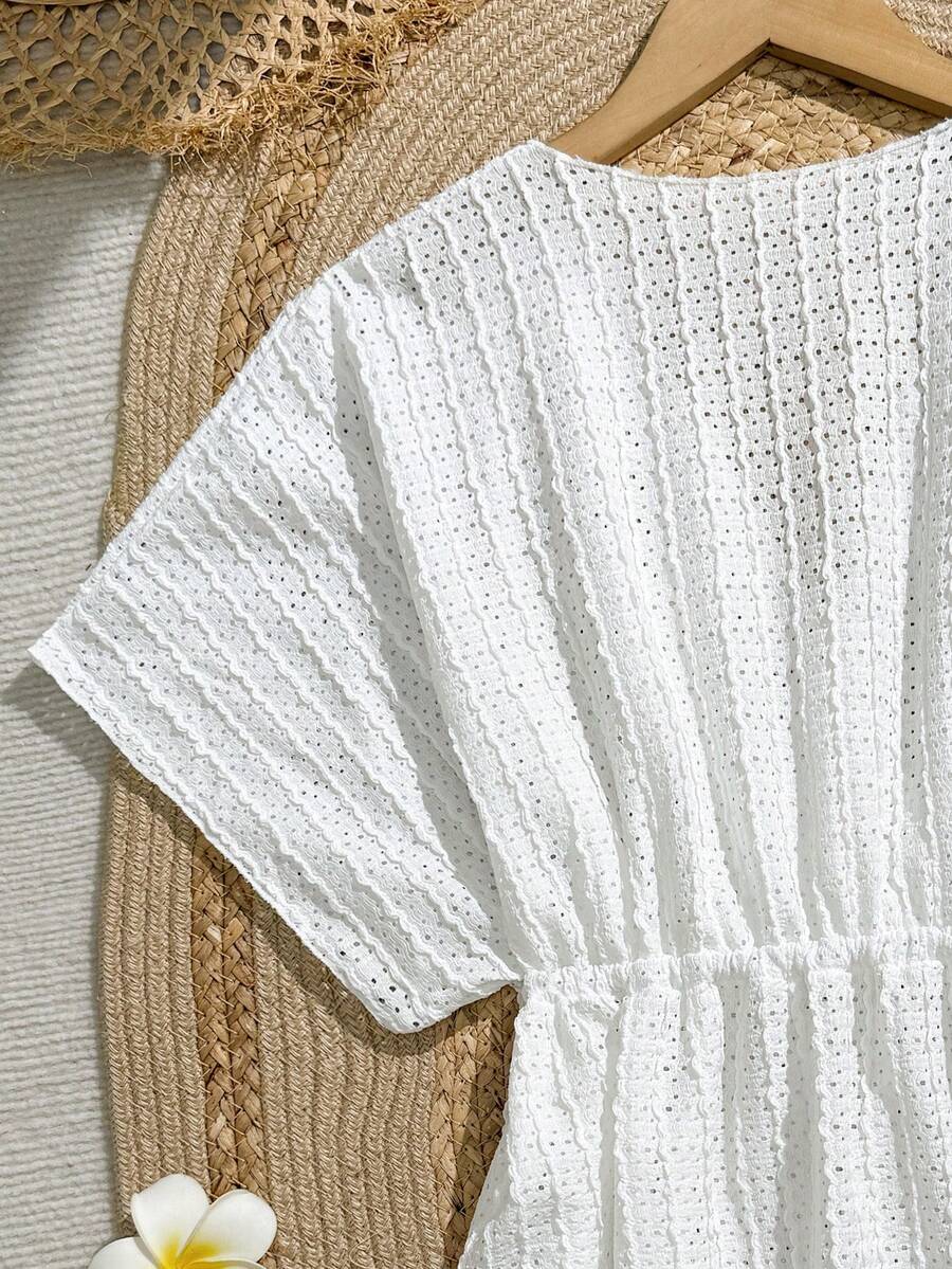 Tween girls apricot sleeveless knit mesh swimwear cover up with V-neck and hollow-out pattern