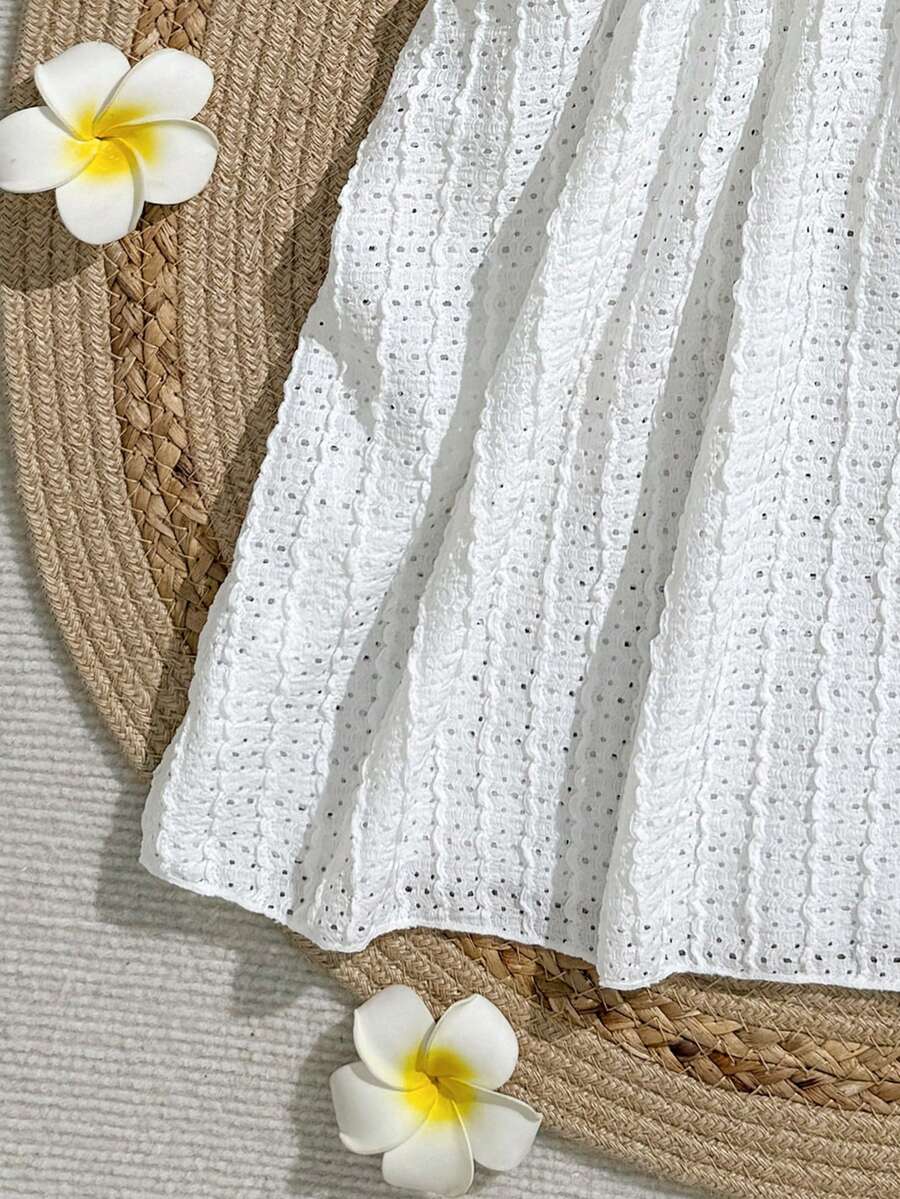 Tween girls apricot sleeveless knit mesh swimwear cover up with V-neck and hollow-out pattern