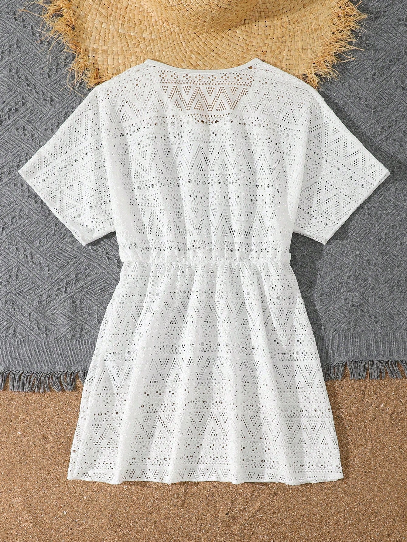 White tween girls swimsuit cover-up with V neck, short sleeves, contrast lace, fringe details, and regular length mesh fabric for beachwear
