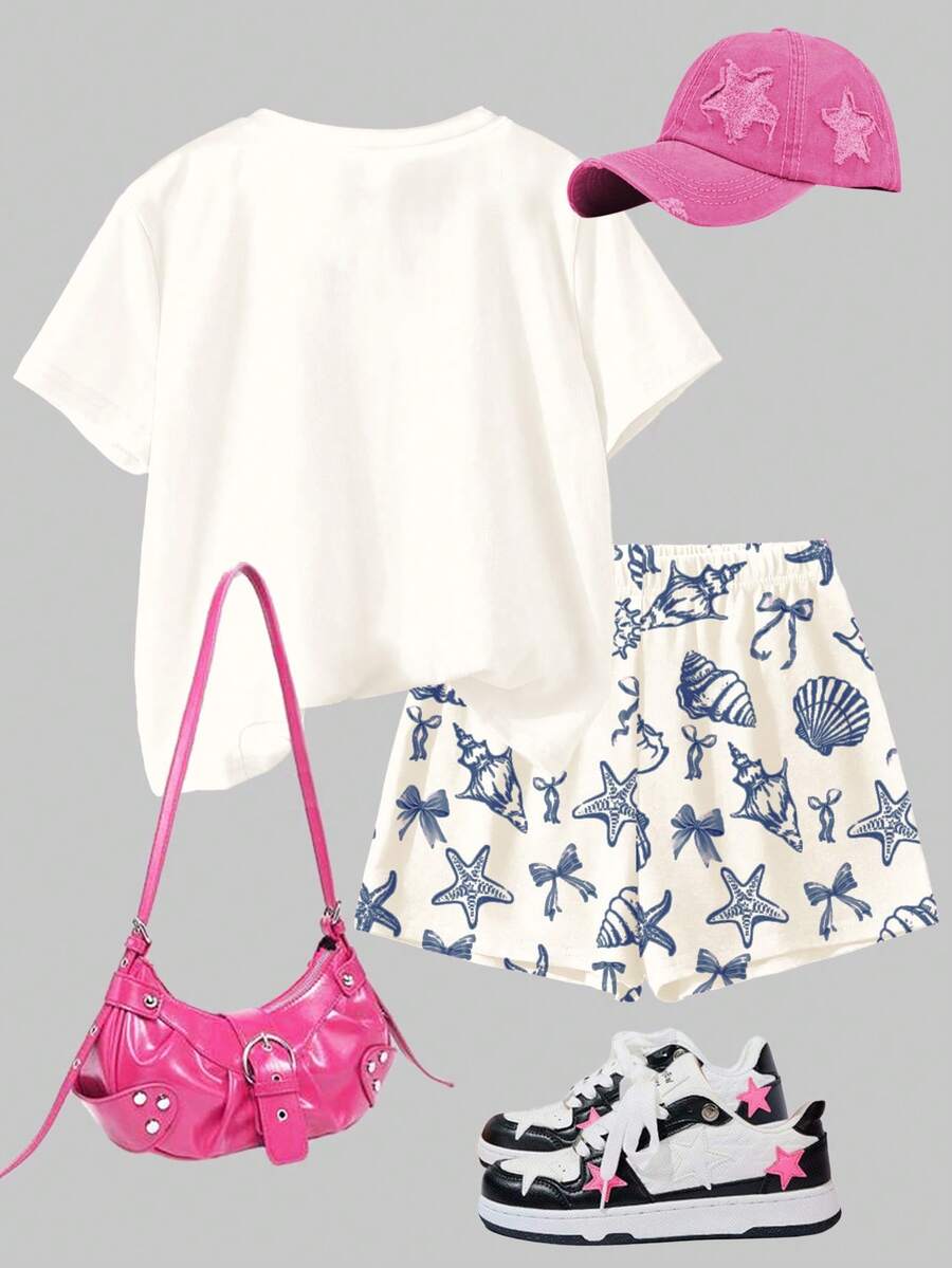 Tween girls 2-piece summer casual outfit featuring a multicolor seashell print short sleeve T-shirt with drop shoulders and matching loose fit shorts with pockets.