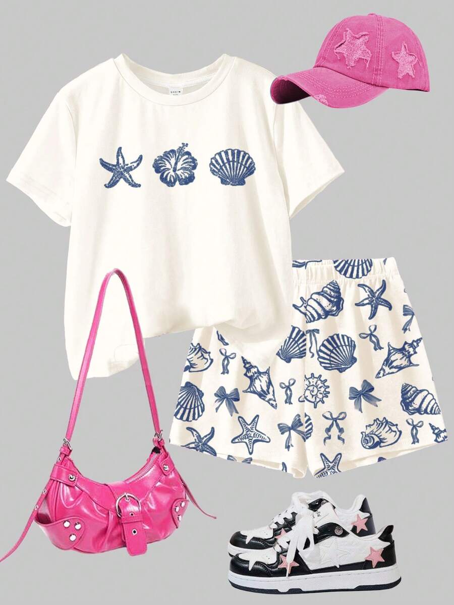 Tween girls 2-piece summer casual outfit featuring a multicolor seashell print short sleeve T-shirt with drop shoulders and matching loose fit shorts with pockets.