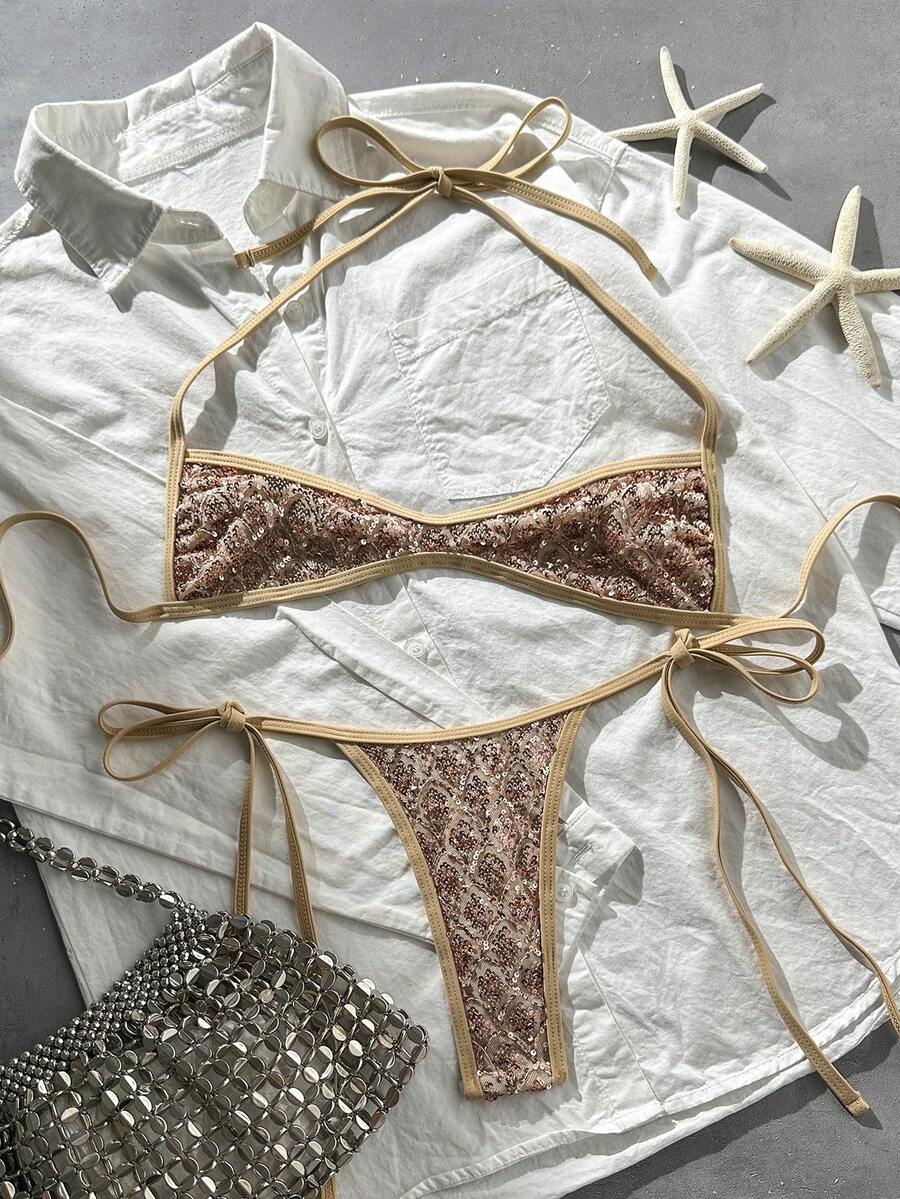 Apricot 2-piece sequin textured halter bikini set featuring a wireless top with lace-up backless ties and matching low-waist side-tie thong bottoms.