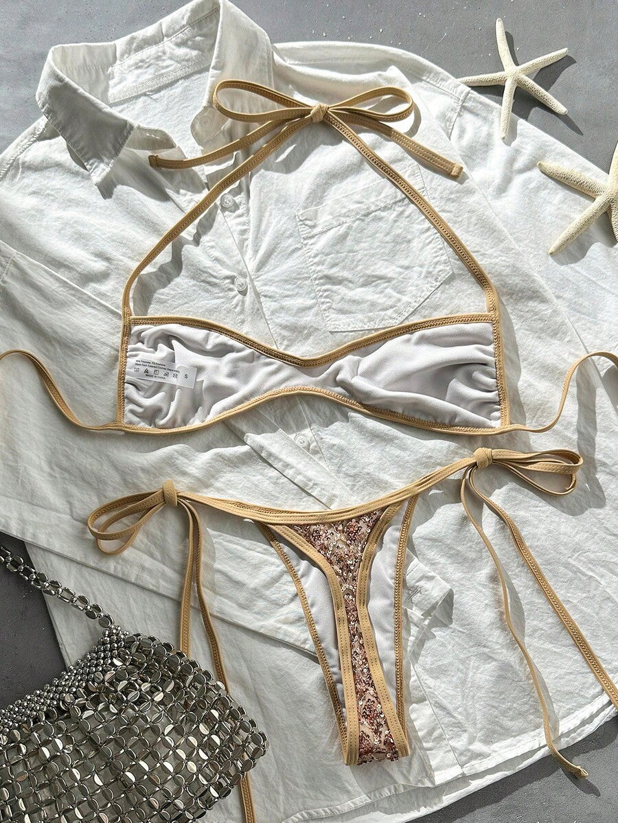 Apricot 2-piece sequin textured halter bikini set featuring a wireless top with lace-up backless ties and matching low-waist side-tie thong bottoms.