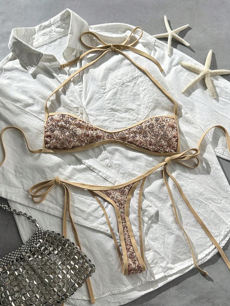 Apricot 2-piece sequin textured halter bikini set featuring a wireless top with lace-up backless ties and matching low-waist side-tie thong bottoms.