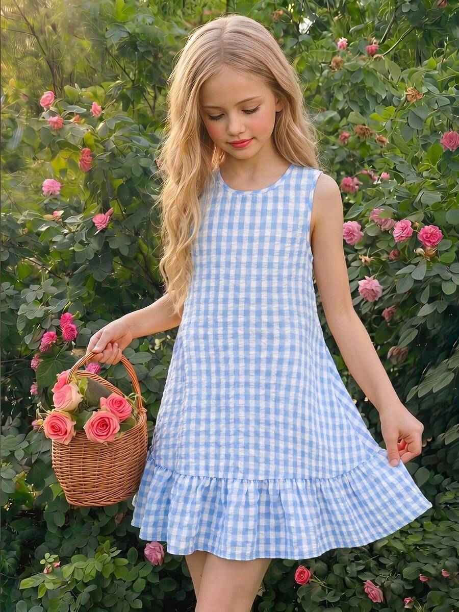 Tween girl wearing a sleeveless black tunic dress featuring a round neck, contrast lace details, and a straight hem.