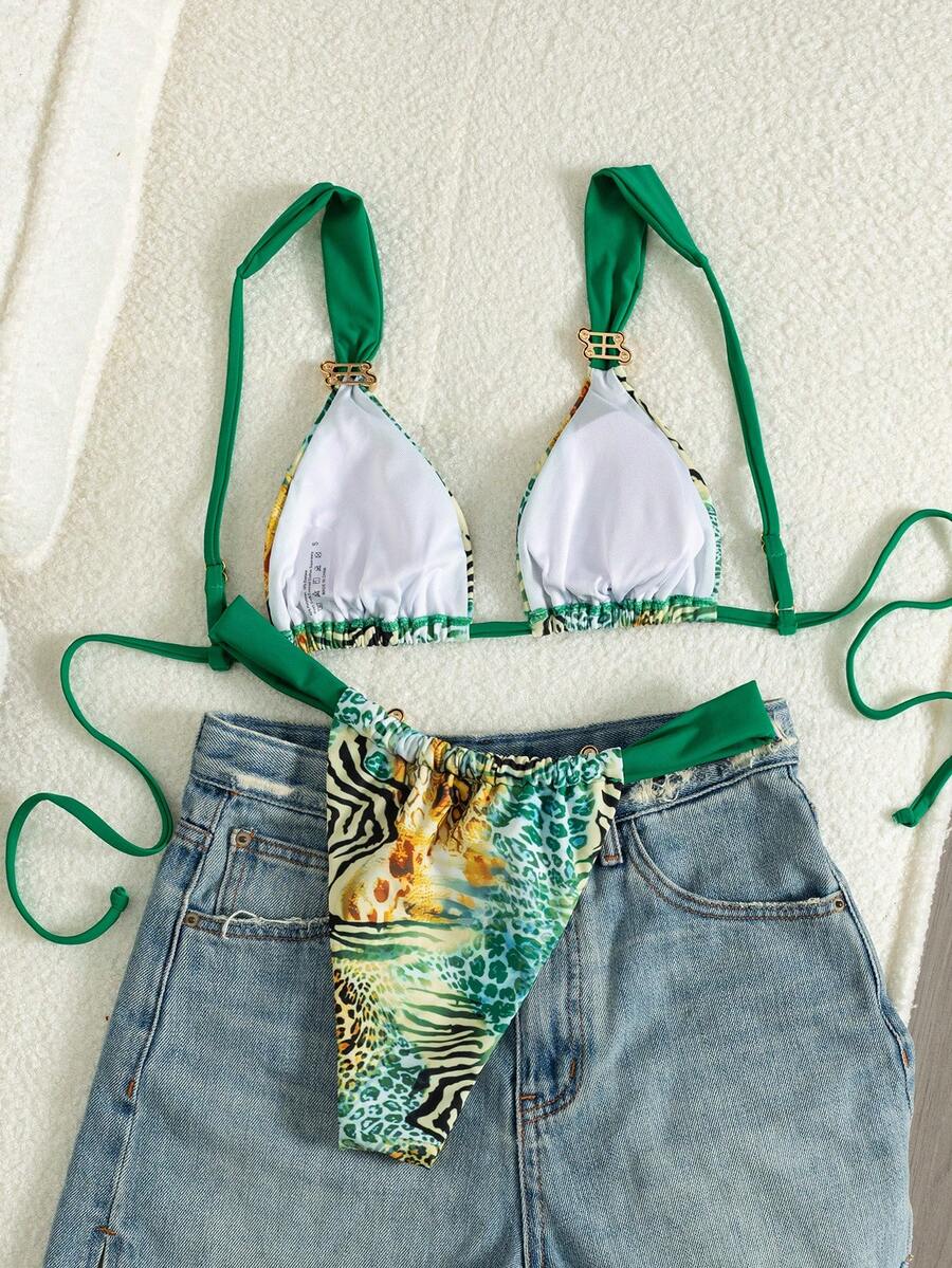 Women's multicolor high waist bikini set with textured pattern, knot details, wireless triangle bra top, and high cut bottoms.