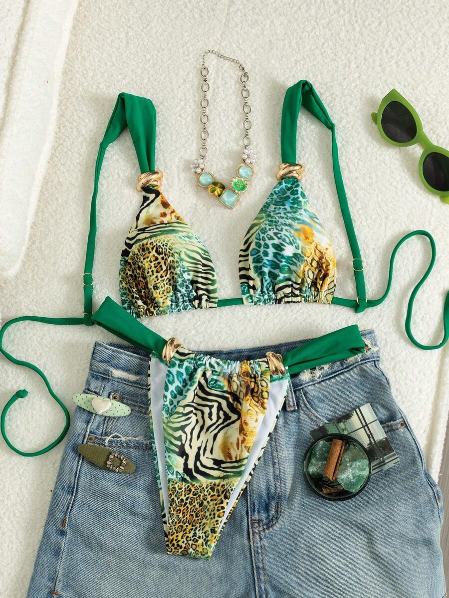 Women's multicolor high waist bikini set with textured pattern, knot details, wireless triangle bra top, and high cut bottoms.