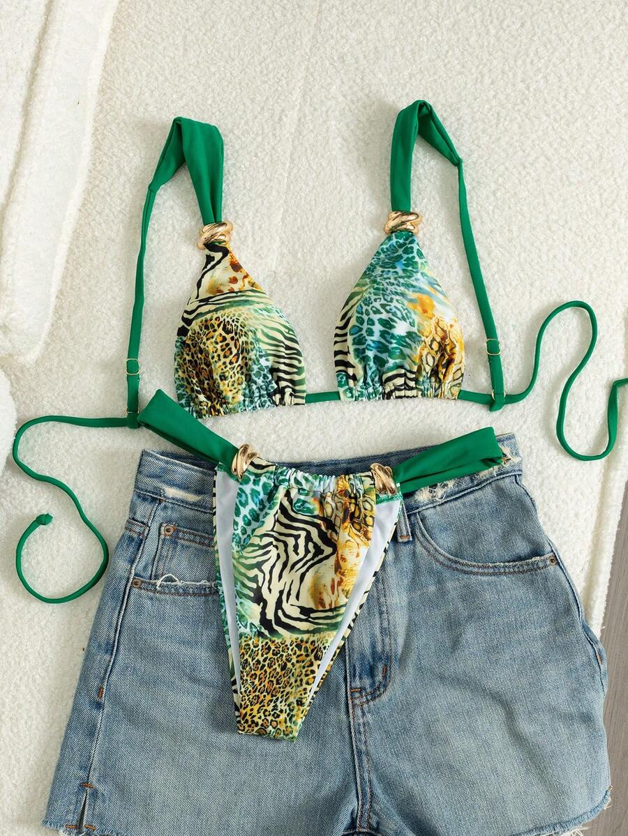 Women's multicolor high waist bikini set with textured pattern, knot details, wireless triangle bra top, and high cut bottoms.