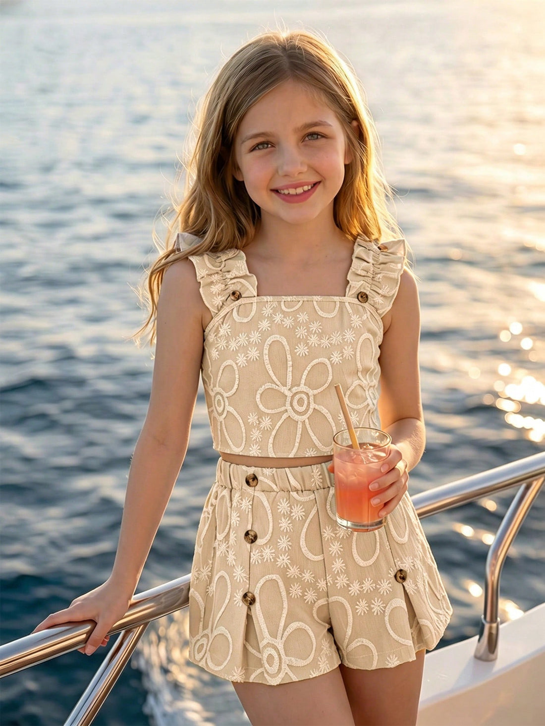 Apricot two-piece summer outfit for tween girls featuring a sleeveless pleated square-neck camisole top with button details and matching gathered shorts.