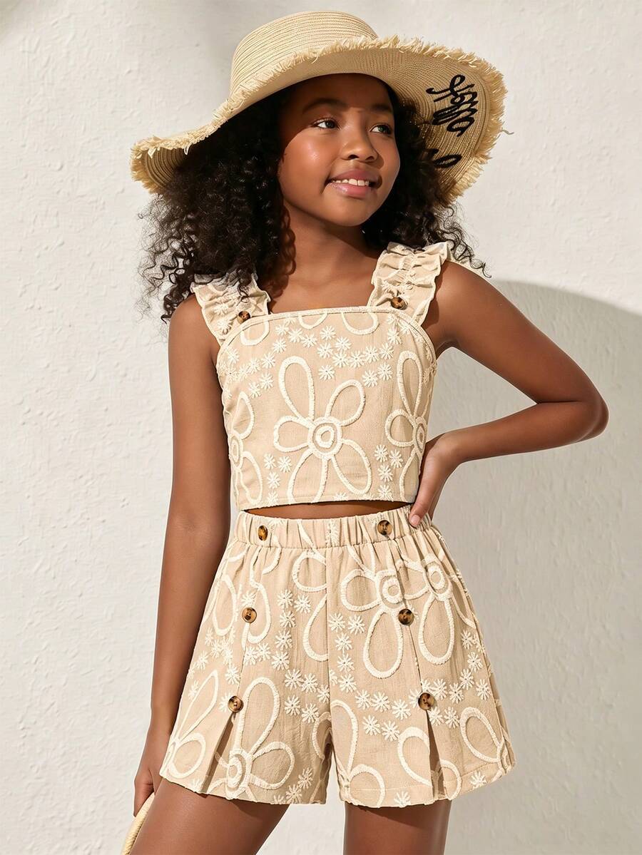 Apricot two-piece summer outfit for tween girls featuring a sleeveless pleated square-neck camisole top with button details and matching gathered shorts.