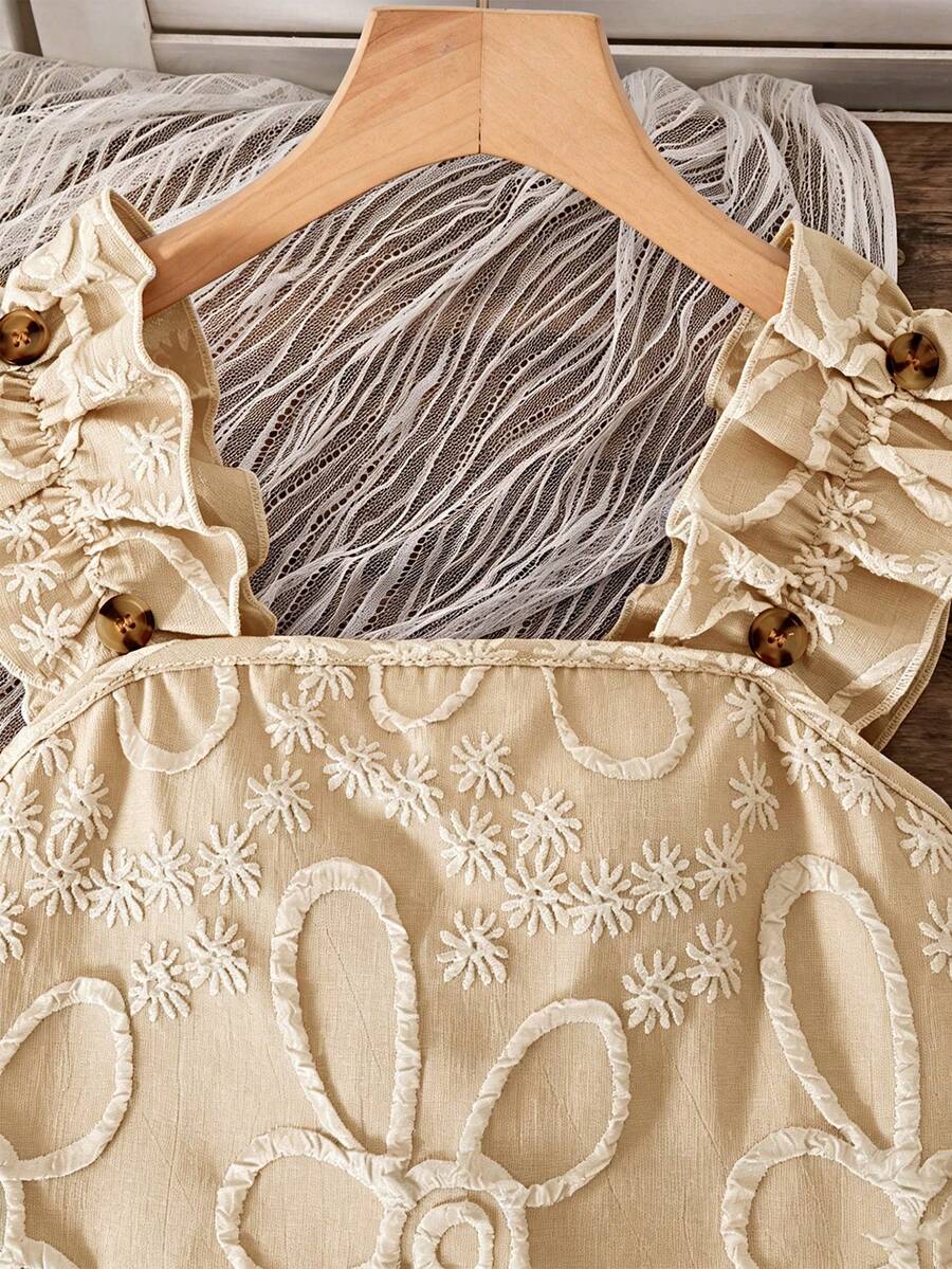 Apricot two-piece summer outfit for tween girls featuring a sleeveless pleated square-neck camisole top with button details and matching gathered shorts.