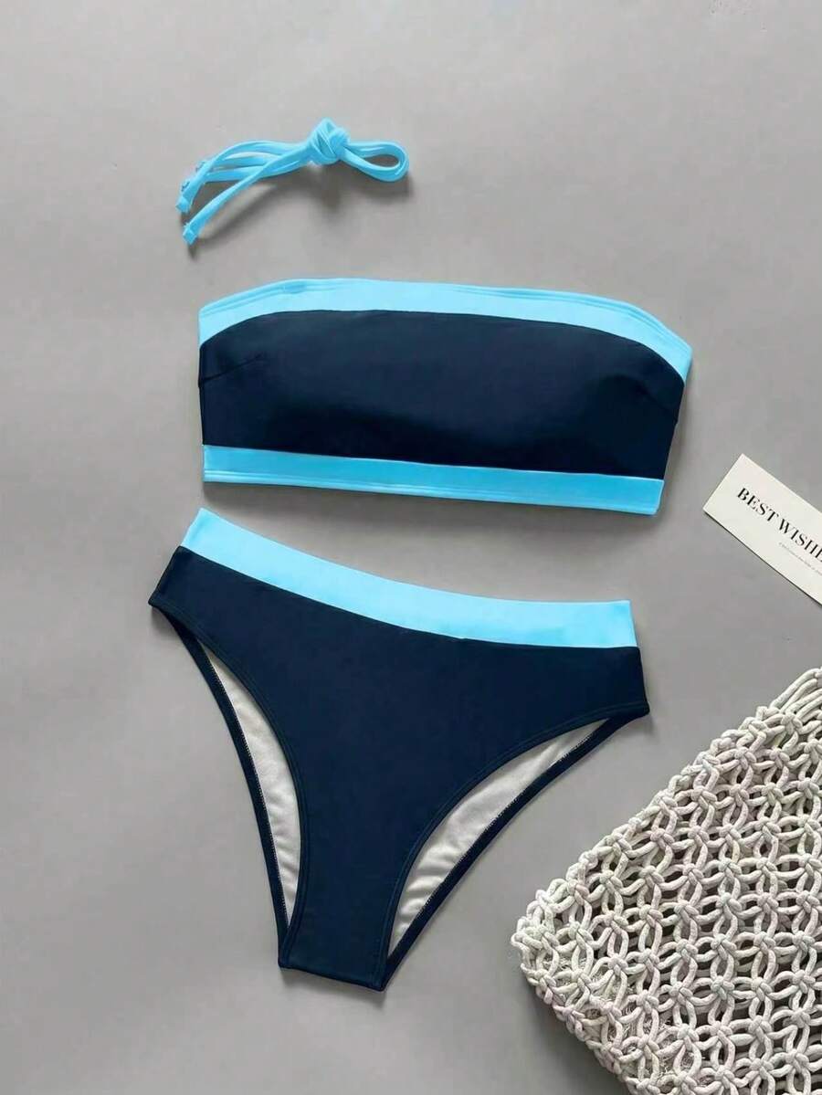 Women's bandeau bikini swimwear set featuring detachable shoulder straps, removable padding, wireless cups, and low-waist bottoms.