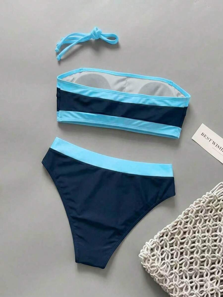 Women's bandeau bikini swimwear set featuring detachable shoulder straps, removable padding, wireless cups, and low-waist bottoms.