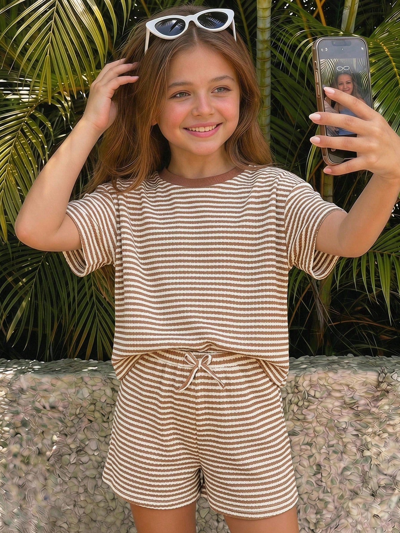 Tween girl wearing a black and white striped drop-shoulder crew neck t-shirt with bow embroidery paired with matching tie-waist shorts.