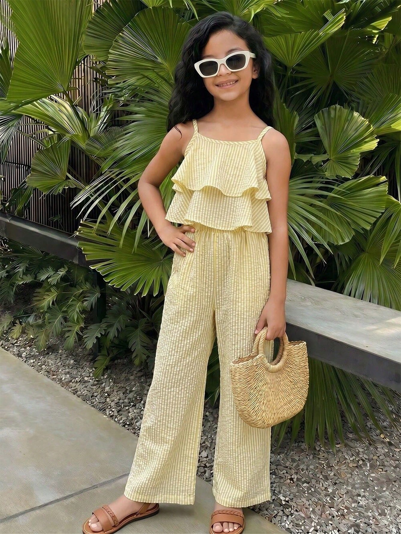 Tween girls blue 2-piece vacation outfit set featuring a tiered ruffle spaghetti strap camisole and loose high-waist pants.