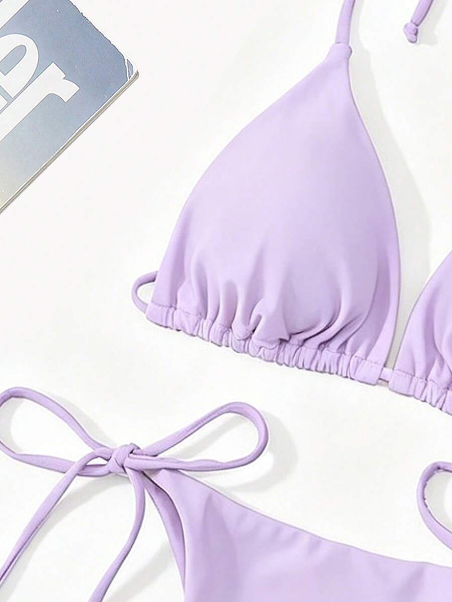 Apricot plain halter triangle bikini swimwear set with tie back top and low waist tie side thong bottom for women