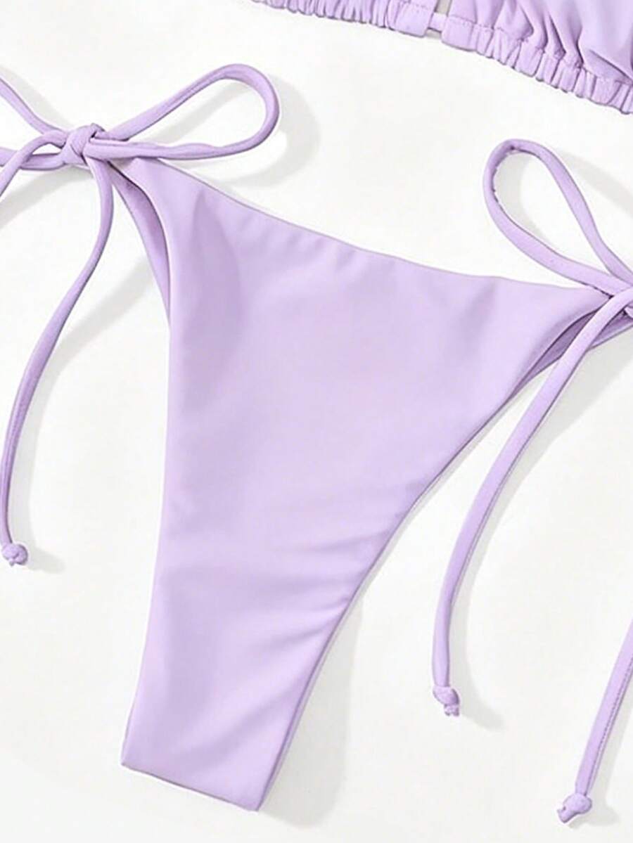 Apricot plain halter triangle bikini swimwear set with tie back top and low waist tie side thong bottom for women