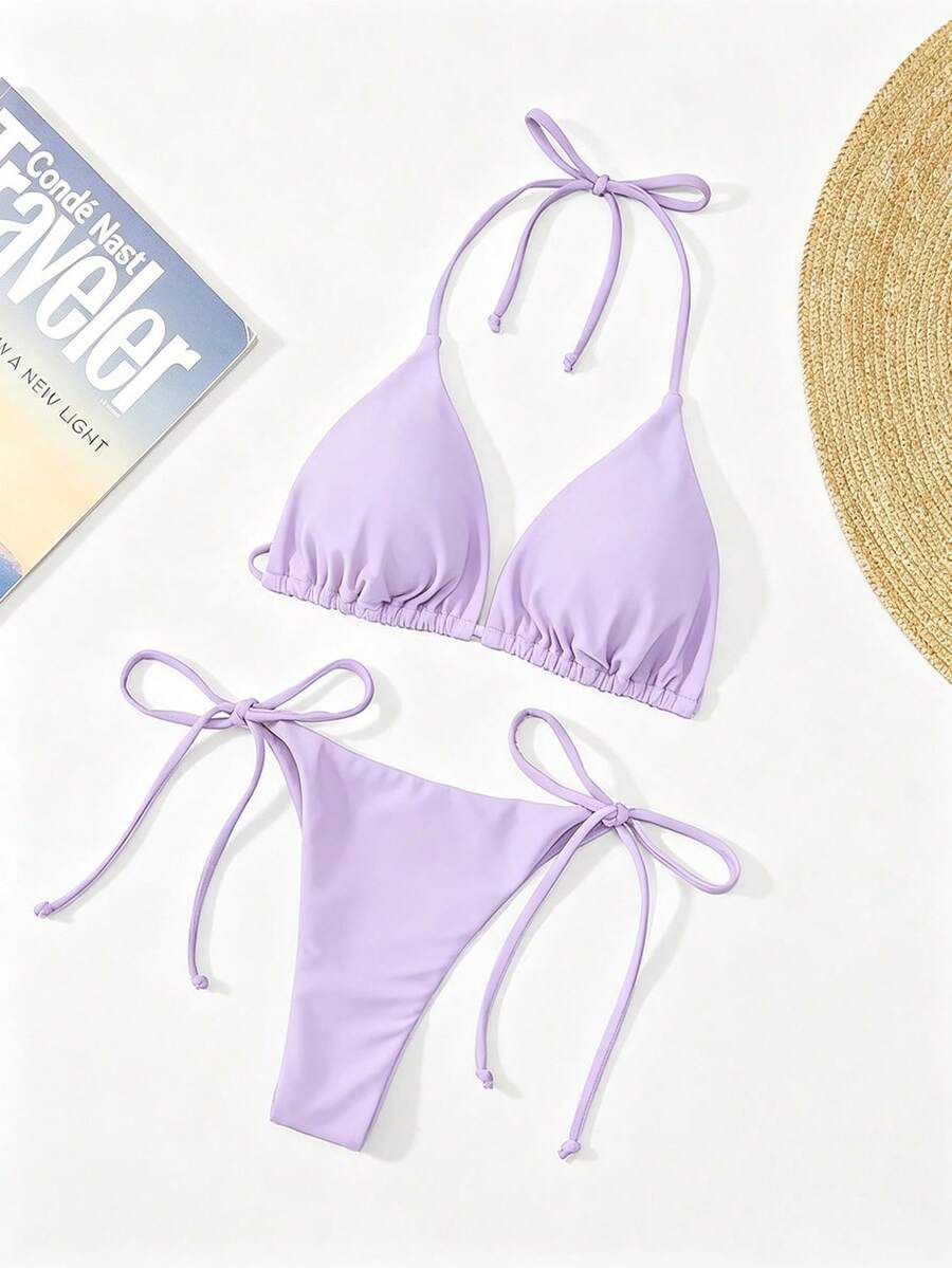 Apricot plain halter triangle bikini swimwear set with tie back top and low waist tie side thong bottom for women