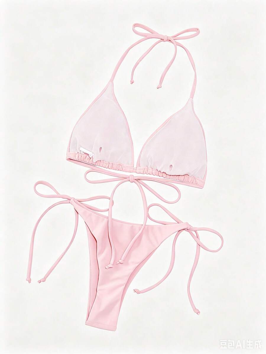 Apricot plain halter triangle bikini swimwear set with tie back top and low waist tie side thong bottom for women