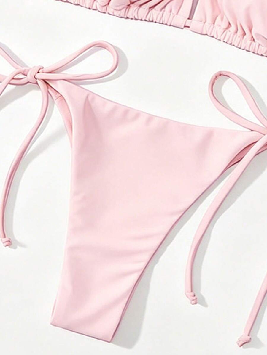 Apricot plain halter triangle bikini swimwear set with tie back top and low waist tie side thong bottom for women