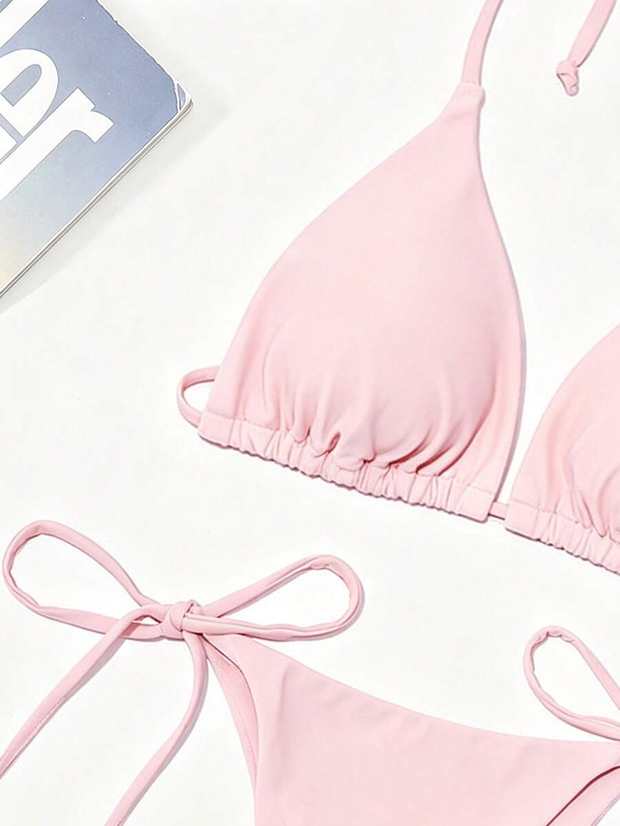 Apricot plain halter triangle bikini swimwear set with tie back top and low waist tie side thong bottom for women