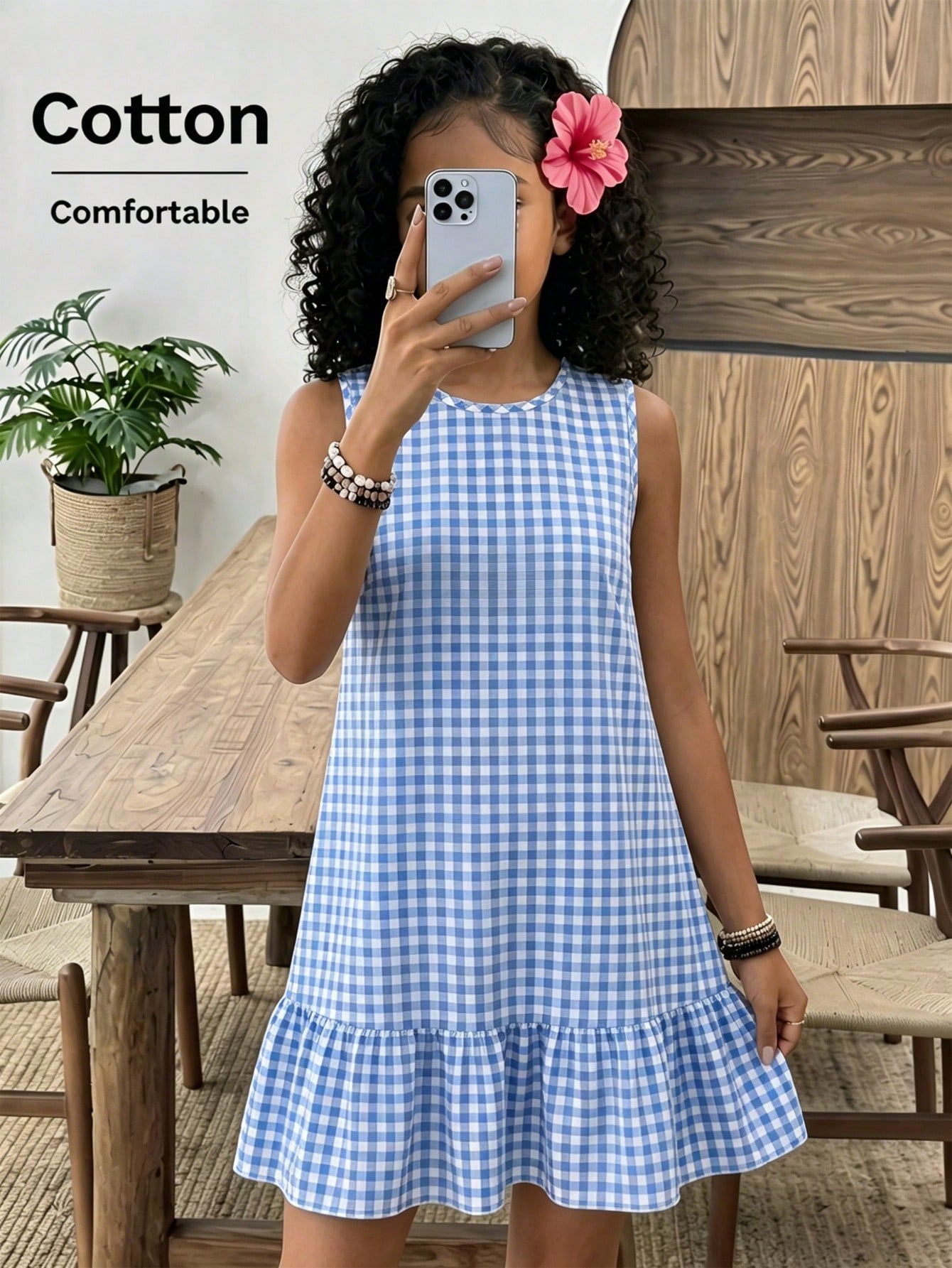 Tween girls casual leopard print smock mini dress featuring a round neck and flounce ruffle hem.