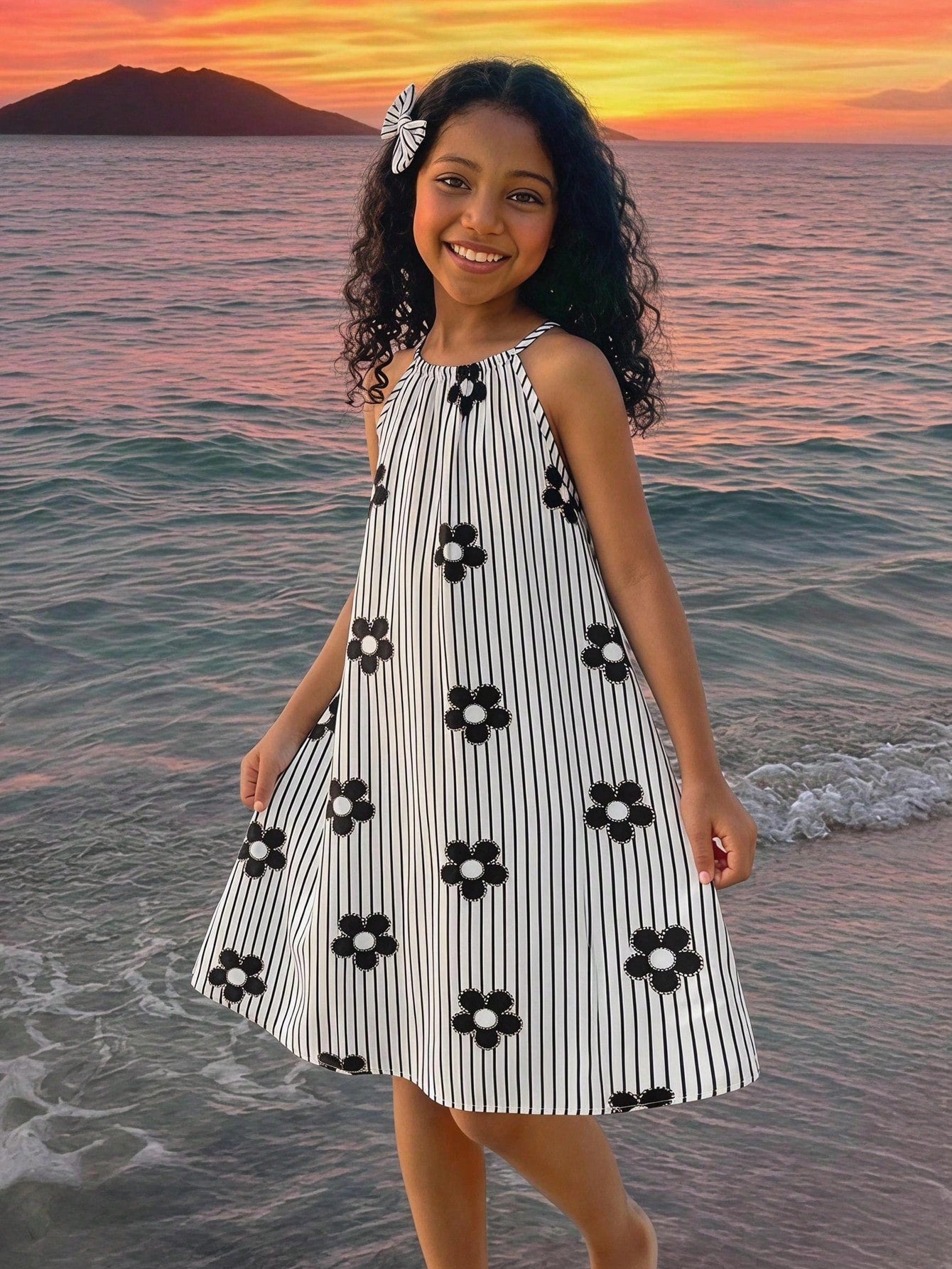 Tween girls floral print dress with halter neckline, sleeveless cold shoulder design, A-line shape, and vacation style.