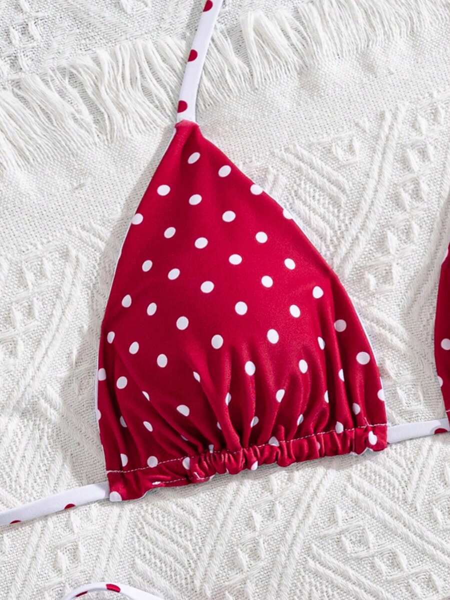 Multicolor striped halter neck two-piece bikini set featuring wireless triangle cups and low-waist tie-side bottoms.