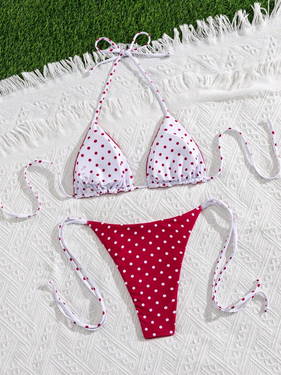 Multicolor striped halter neck two-piece bikini set featuring wireless triangle cups and low-waist tie-side bottoms.