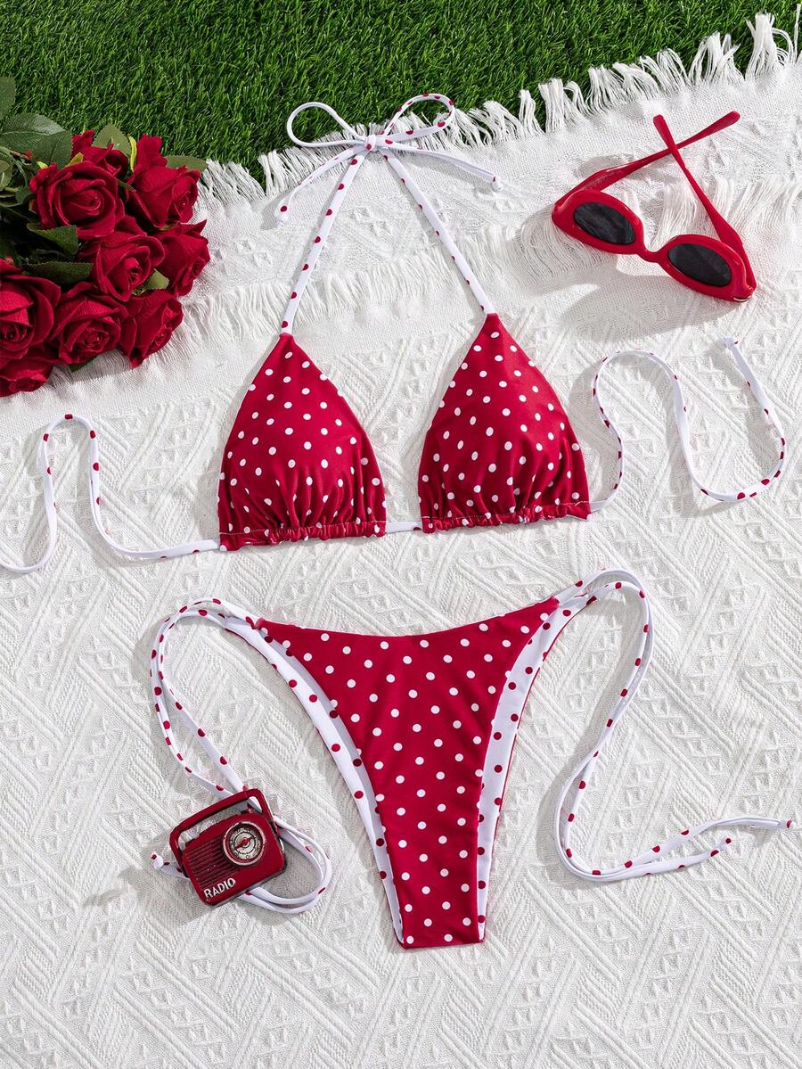 Multicolor striped halter neck two-piece bikini set featuring wireless triangle cups and low-waist tie-side bottoms.