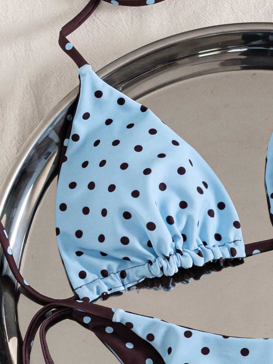 Multicolor striped halter neck two-piece bikini set featuring wireless triangle cups and low-waist tie-side bottoms.