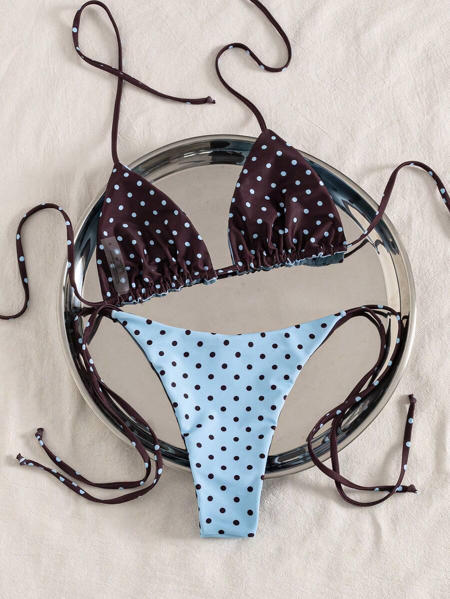 Multicolor striped halter neck two-piece bikini set featuring wireless triangle cups and low-waist tie-side bottoms.