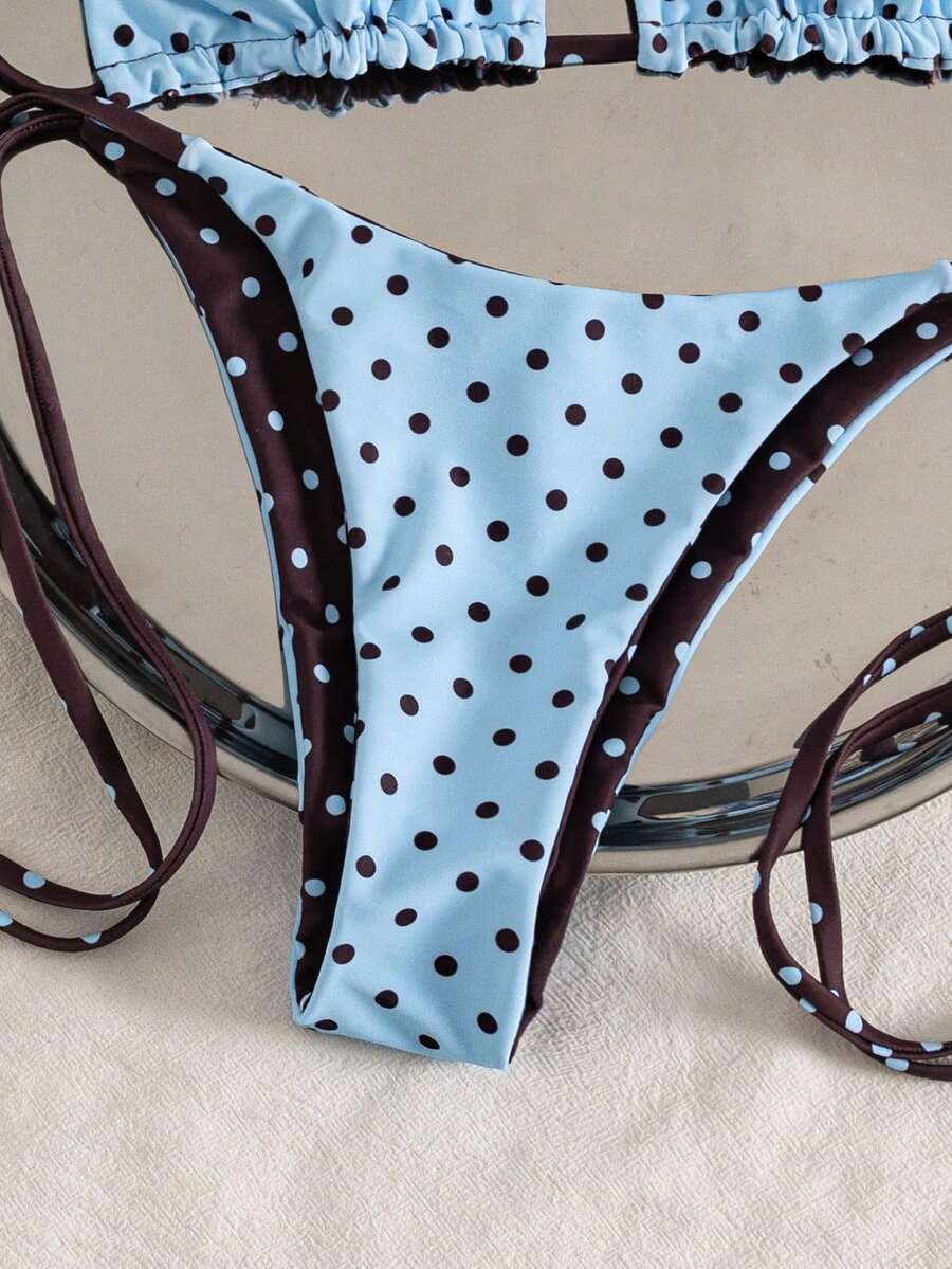 Multicolor striped halter neck two-piece bikini set featuring wireless triangle cups and low-waist tie-side bottoms.