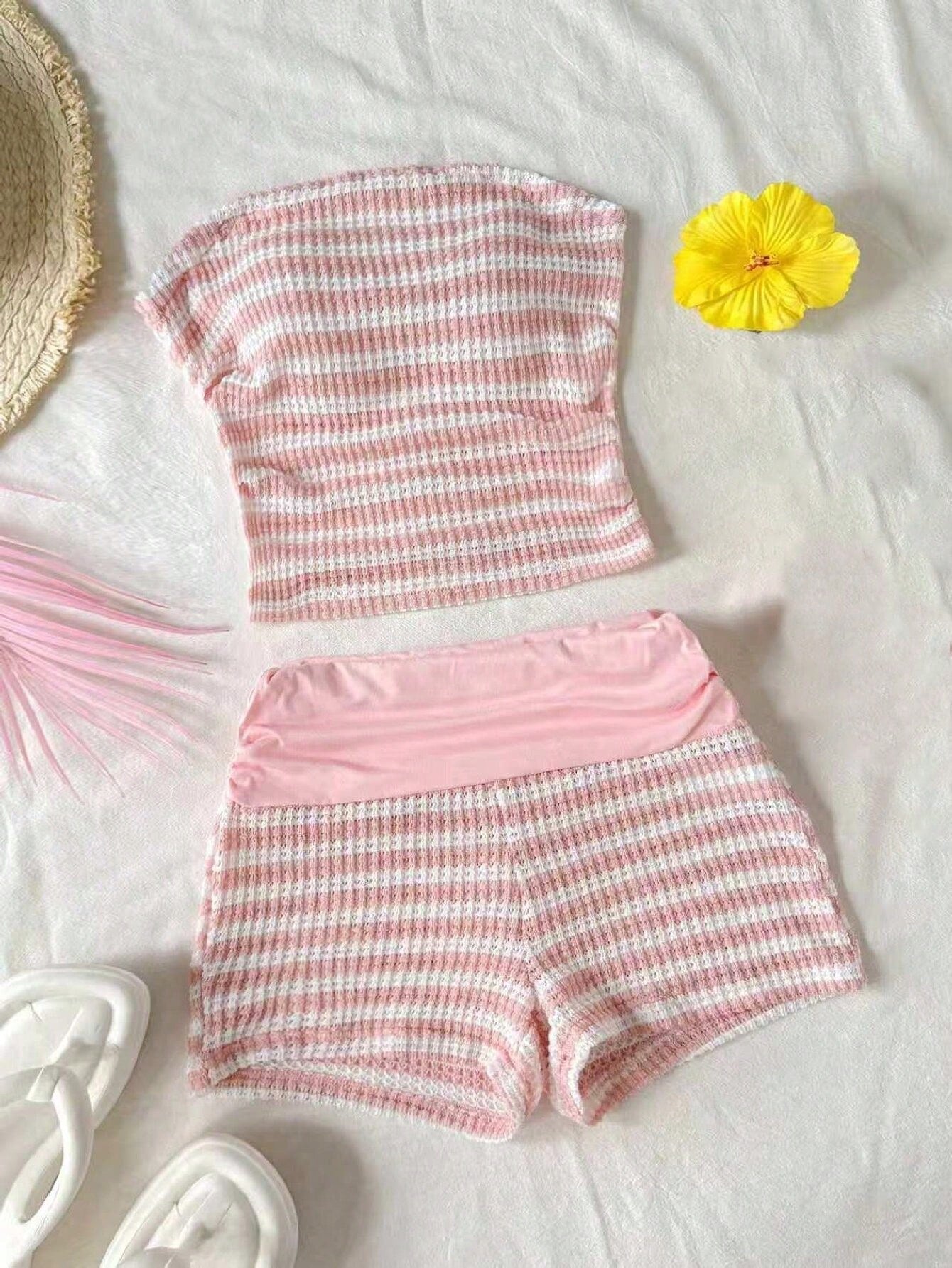 Black striped rib-knit halter tank top with lettuce trim and matching casual shorts for tween girls.
