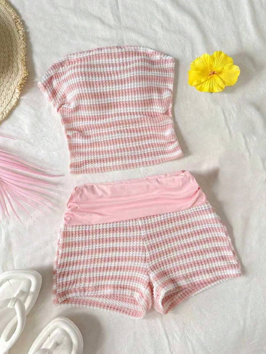 Black striped rib-knit halter tank top with lettuce trim and matching casual shorts for tween girls.