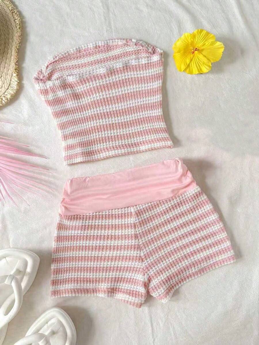 Black striped rib-knit halter tank top with lettuce trim and matching casual shorts for tween girls.
