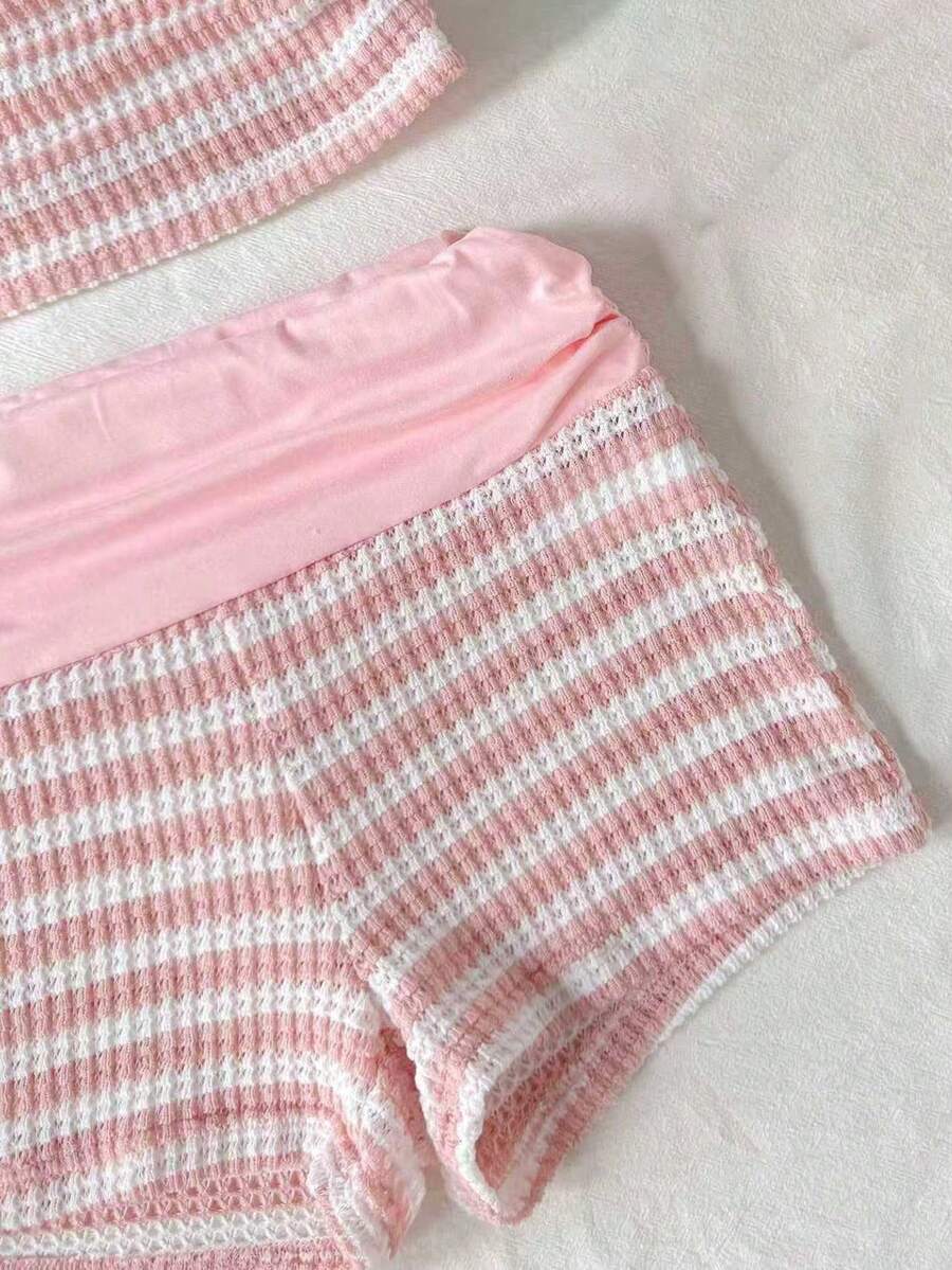 Black striped rib-knit halter tank top with lettuce trim and matching casual shorts for tween girls.