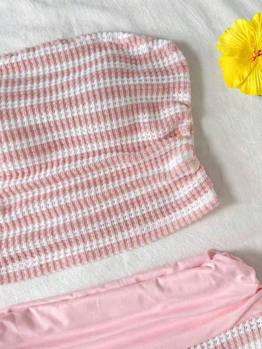 Black striped rib-knit halter tank top with lettuce trim and matching casual shorts for tween girls.