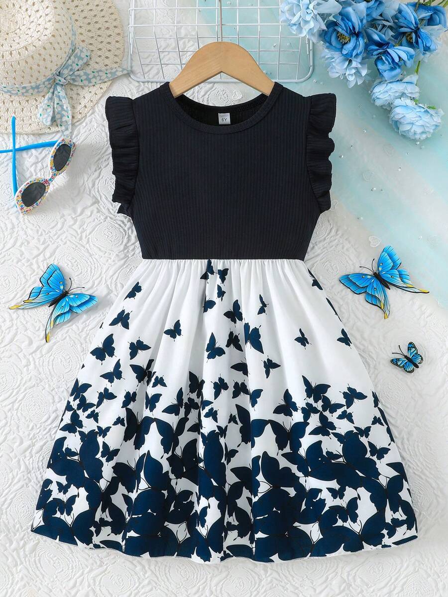 Tween girls blue floral print A-line midi dress featuring round neck, ruffle and contrast mesh details, high waist, and flared hem.