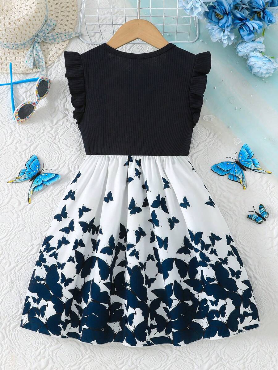 Tween girls blue floral print A-line midi dress featuring round neck, ruffle and contrast mesh details, high waist, and flared hem.